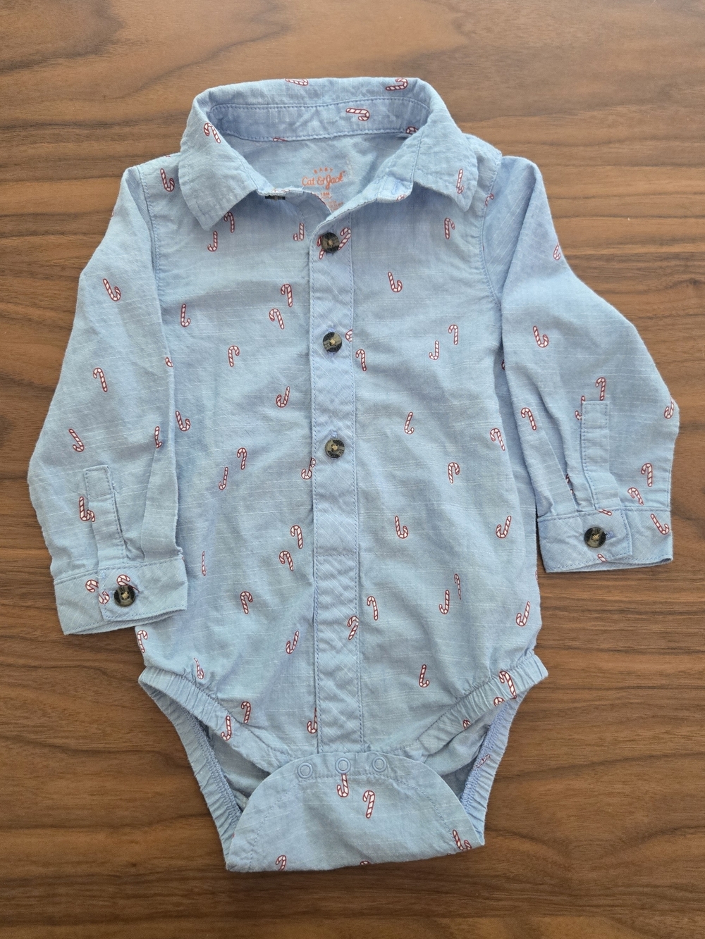 Cat & Jack Blue Candy Cane Button Down Bodysuit Shirt 12M